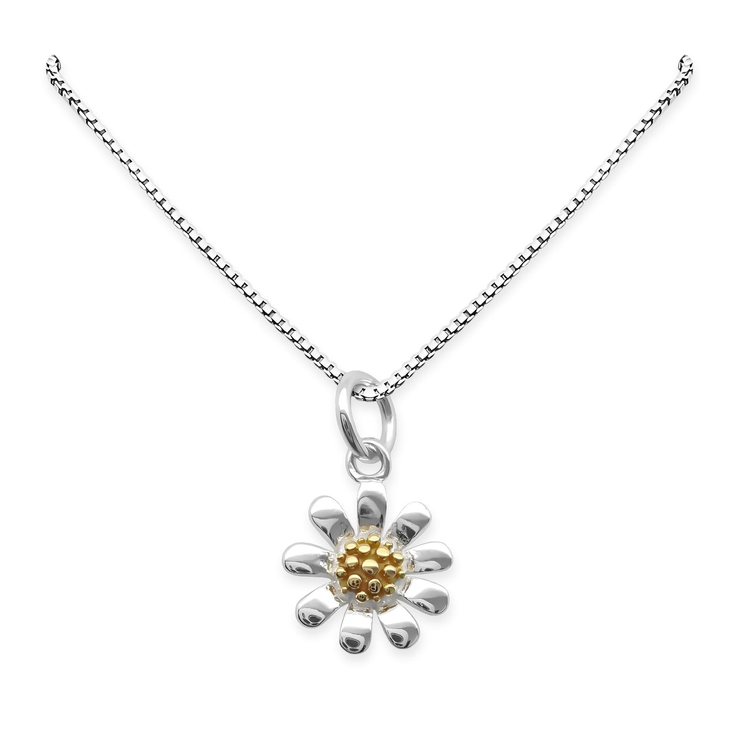 Tiny and Dainty Sterling Silver Daisy Necklace for Women and Teen Girls, Two Tone Flower Pendant Charm Necklace, Silver Flower Necklace for Wedding