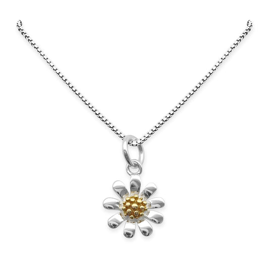 Tiny and Dainty Sterling Silver Daisy Necklace for Women and Teen Girls, Two Tone Flower Pendant Charm Necklace, Silver Flower Necklace for Wedding