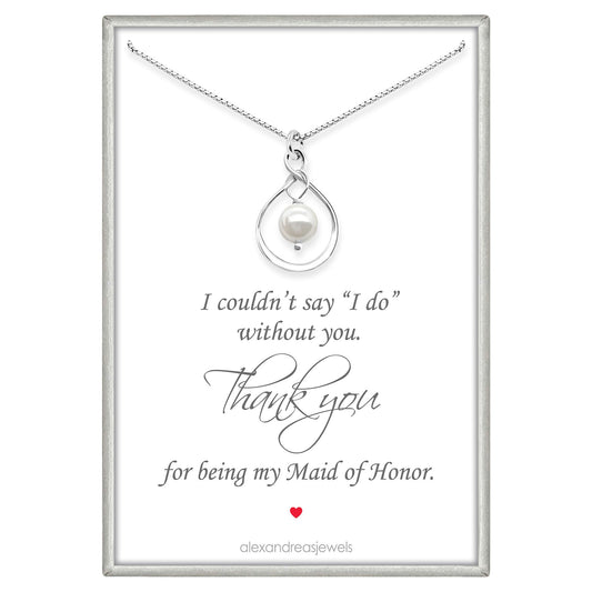 925 Sterling Silver Infinity Necklace with White Crystal Pearl - Elegant Bridal Party Gift with Thank You Card - Adjustable Chain, Wedding Jewelry, White Pearl Necklace (Maid of Honor)