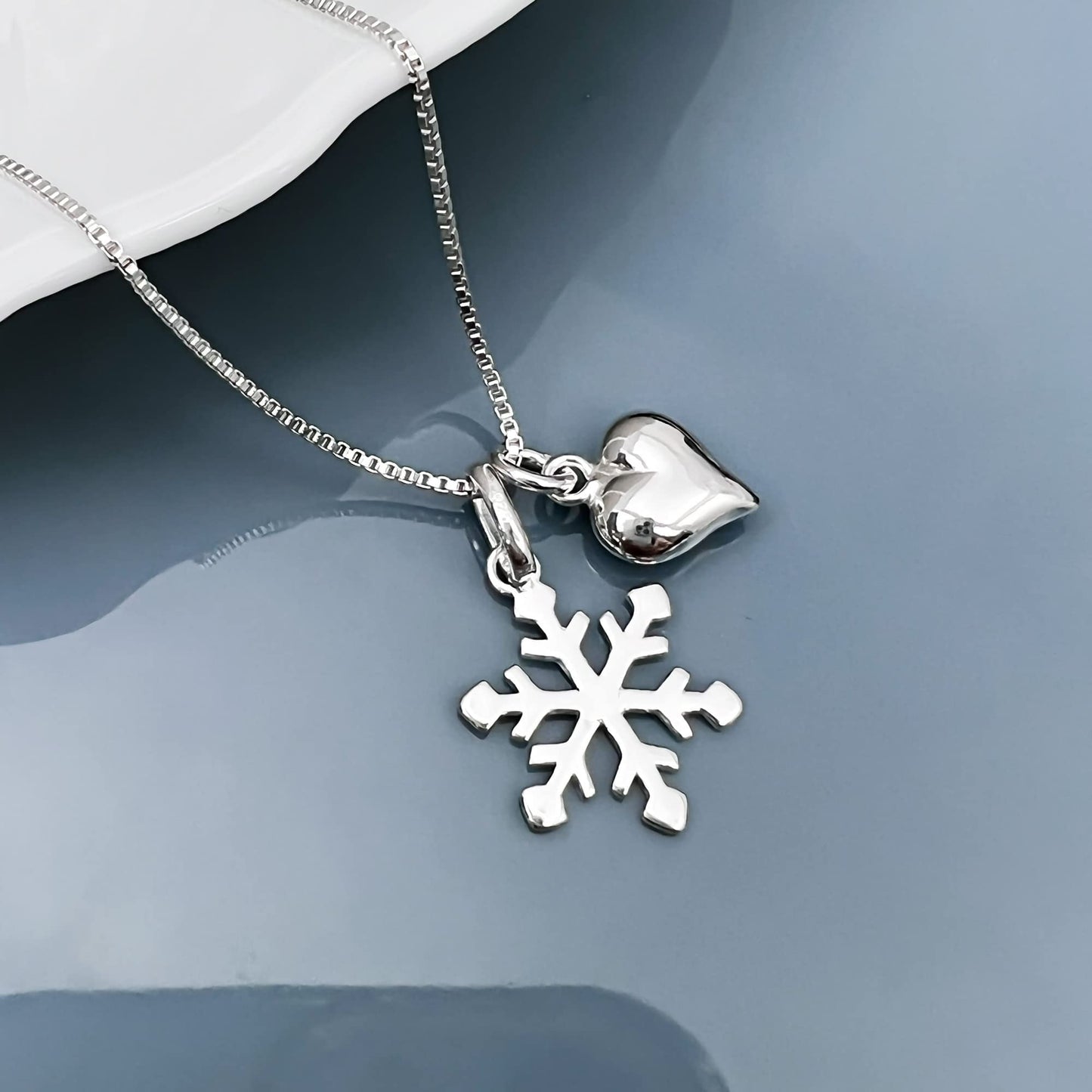 Delicate and Dainty Sterling Silver Snowflake Necklace with Puffed Heart Charm for Women, Daughter Wife Girlfriend Best Friend Gift Necklace, Christmas Gift Necklace