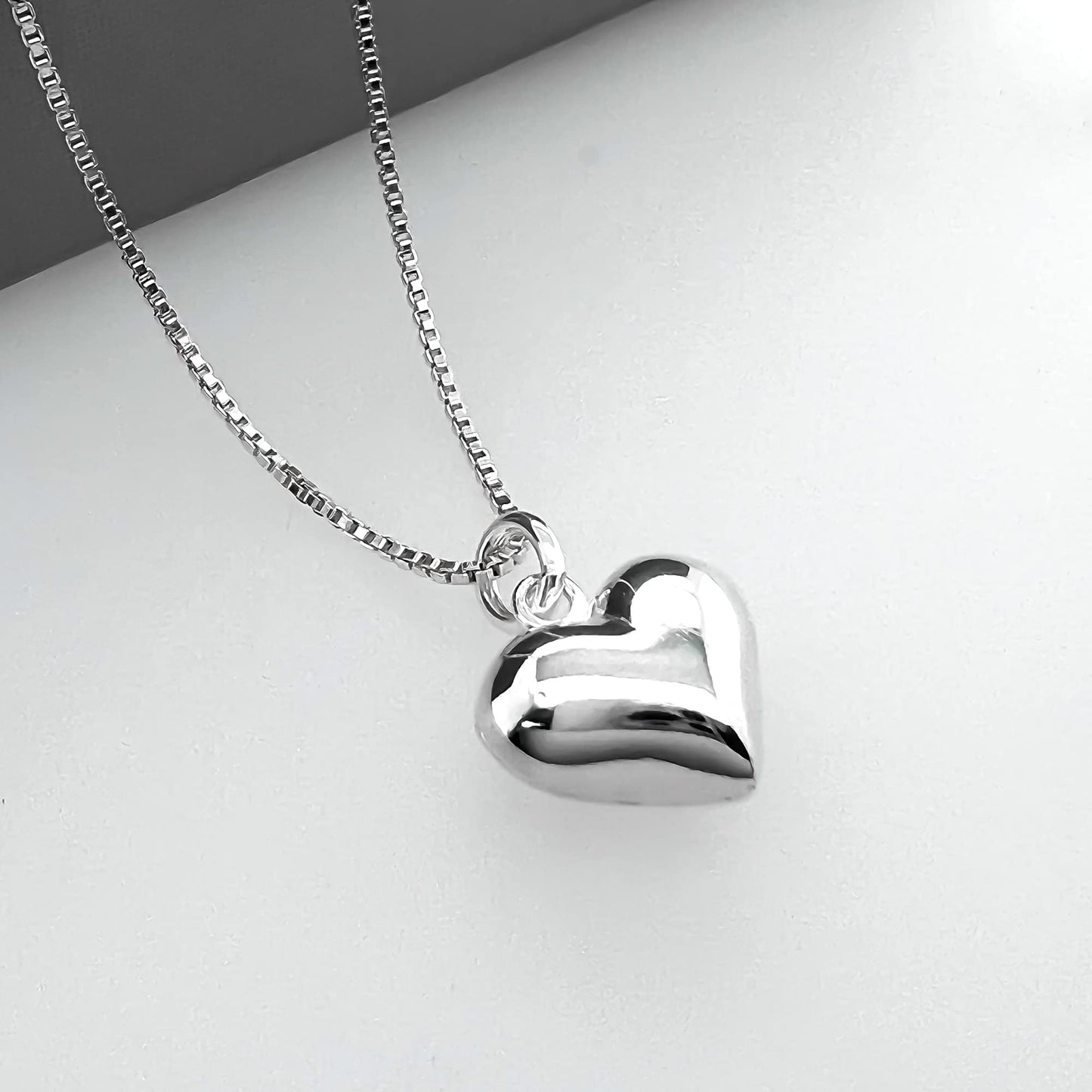 Sterling Silver Heart Necklace for Women, Mom Birthday Gift Necklace, Silver Puffed Heart Necklace Gift for Mom