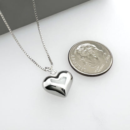 Sterling Silver Heart Necklace for Women, Mom Birthday Gift Necklace, Silver Puffed Heart Necklace Gift for Mom