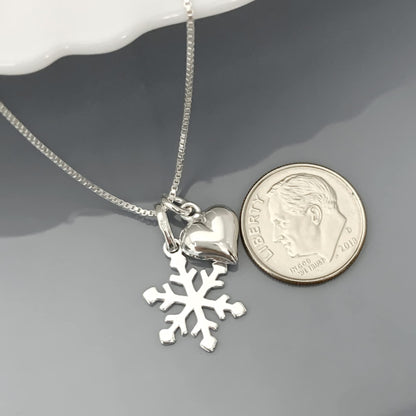 Delicate and Dainty Sterling Silver Snowflake Necklace with Puffed Heart Charm for Women, Daughter Wife Girlfriend Best Friend Gift Necklace, Christmas Gift Necklace