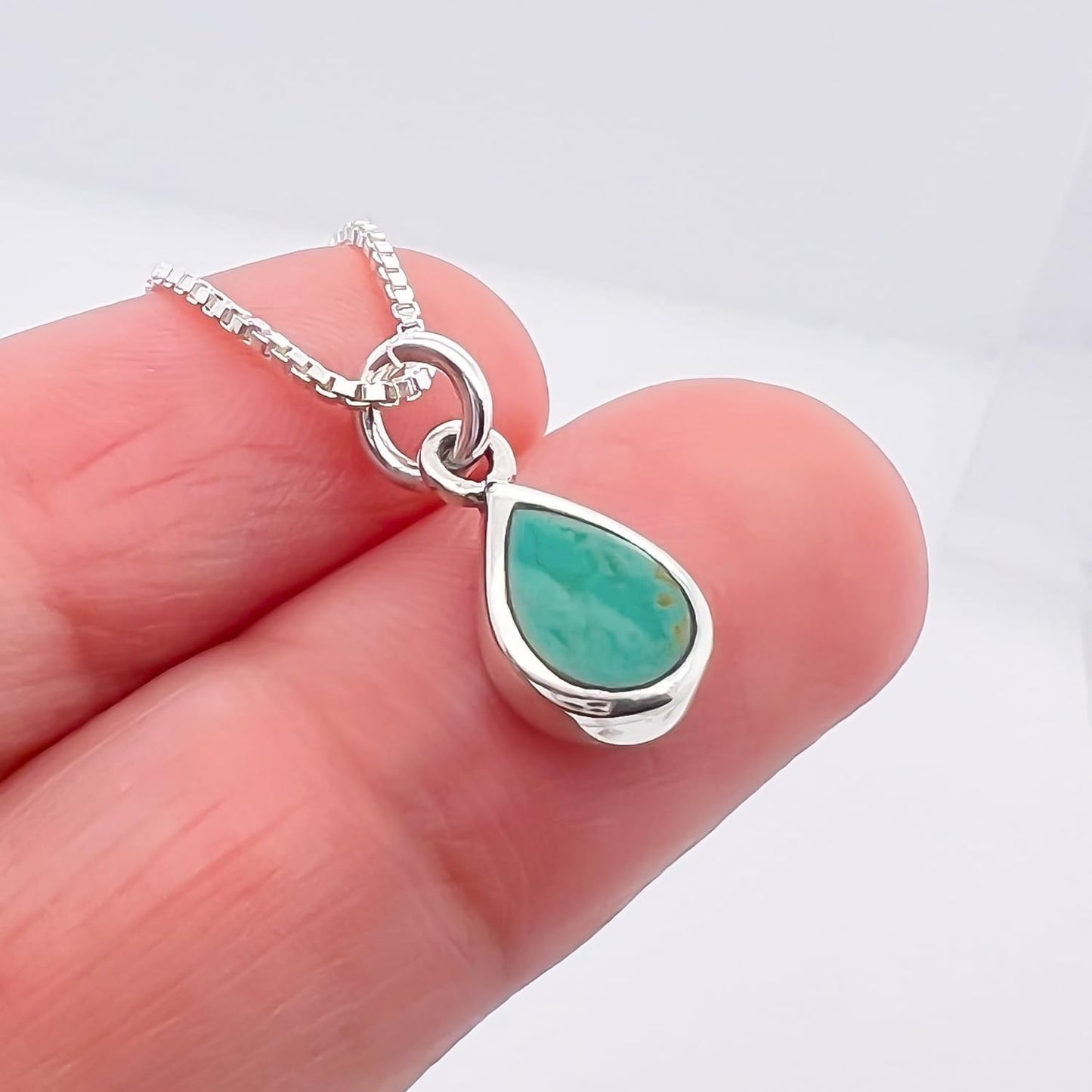 Very Tiny and Dainty 925 Sterling Silver Turquoise Teardrop Necklace for Women, Simple Silver Turquoise Tear Drop Pendant Necklace, Birthday Gift Layering Necklace