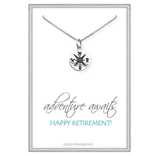 Small Sterling Silver Compass Necklace for Women, Gift for Coworker, Adventure Awaits, Happy Retirement Gift Necklace