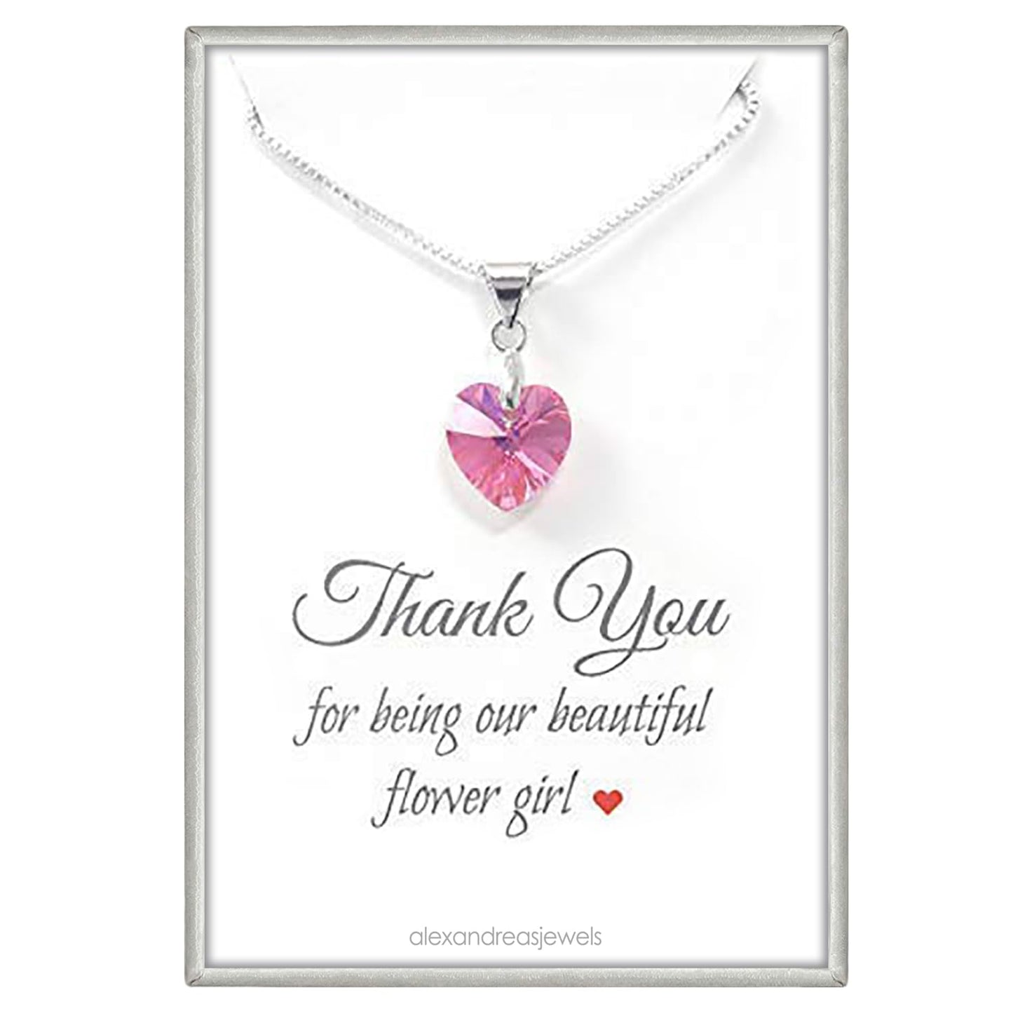 Tiny Rose Pink Crystal Heart Necklace, Flower Girl Necklace, Flower Girl Proposal Gift