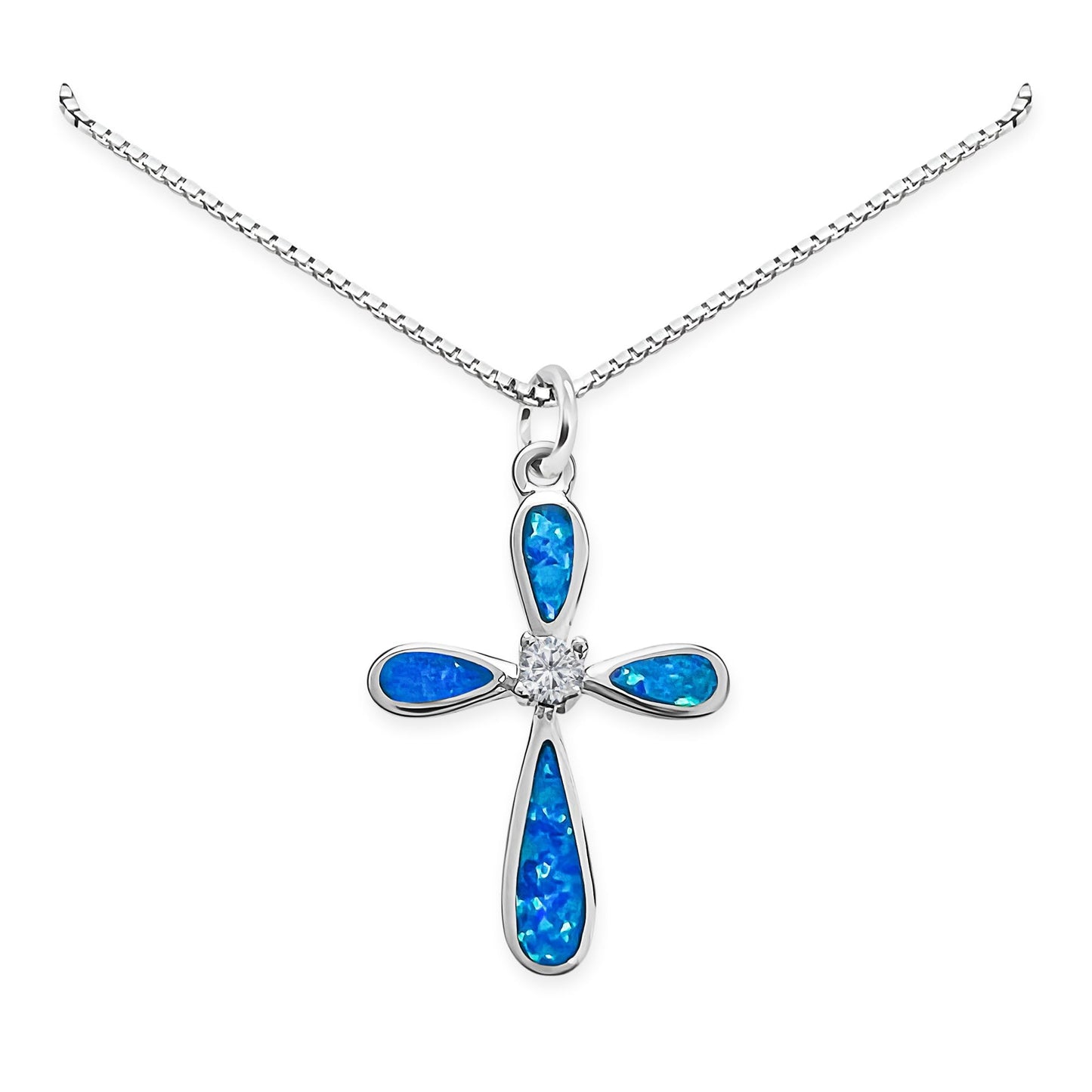 Sterling Silver Cross Necklace for Women, Sterling Silver Cross Pendant Necklace with Lab Created Blue Opal Inlay, Religious Jewelry Gift, Faith Necklace