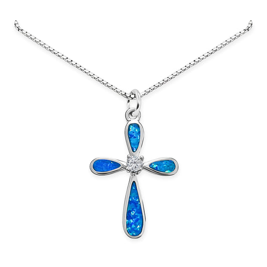 Sterling Silver Cross Necklace for Women, Sterling Silver Cross Pendant Necklace with Lab Created Blue Opal Inlay, Religious Jewelry Gift, Faith Necklace