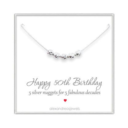 50th Birthday Gift for Women, Sterling Silver 5 Silver Nuggets Necklace, Mom Birthday Gift, Best Friend 50th Birthday Gift Necklace