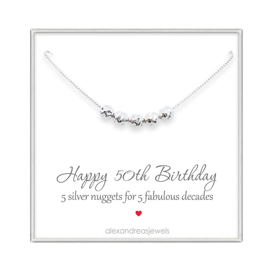 50th Birthday Gift for Women, Sterling Silver 5 Silver Nuggets Necklace, Mom Birthday Gift, Best Friend 50th Birthday Gift Necklace