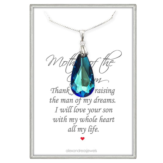 Mother of the Groom Gift from Bride, Mother in Law Gift Necklace, Mother of the Groom Gift Necklace, Bermuda Blue Crystal Drop Necklace, Sterling Silver