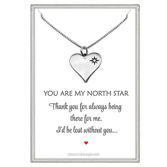 Sterling Silver Heart North Star Compass Necklace for Women, North Star Necklace, Heart Necklace