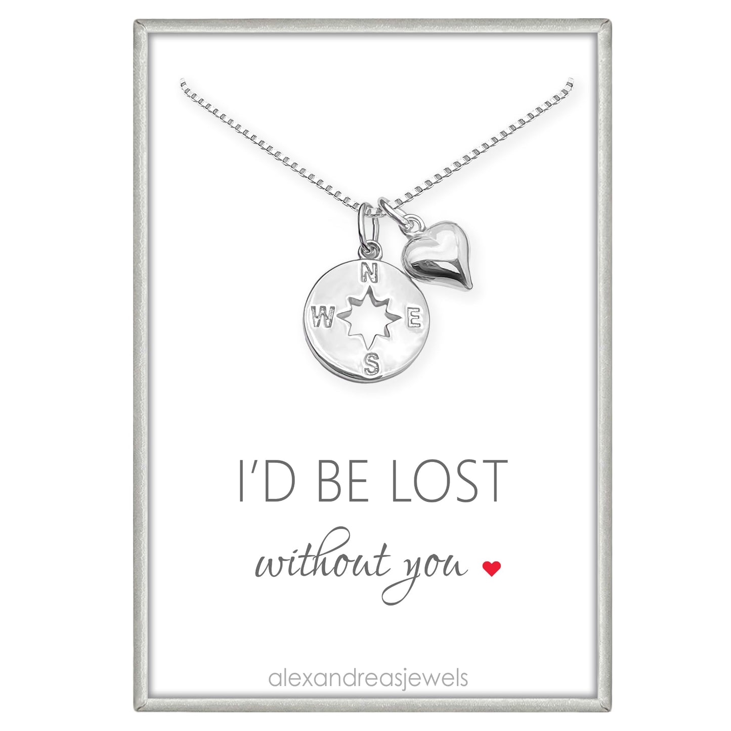 Compass Necklace for Women, Sterling Silver Compass Pendant wit Puffed Heart Charm Necklace, I'd be Lost Without You, Girlfriend Gift Necklace, Wife Anniversary Gift