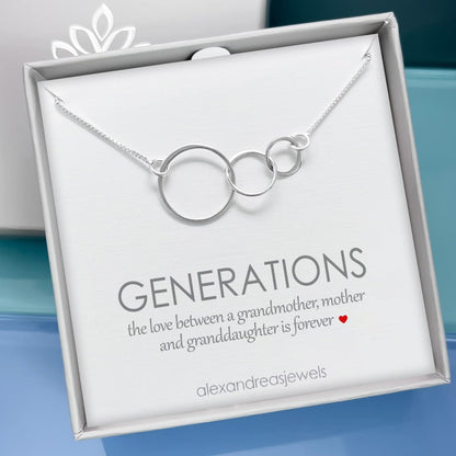 Generations Necklace, Sterling Silver Three Interlocking Circles Necklace, Mothers Day Gift for Grandmother, Birthday Gift Necklace for Grandma