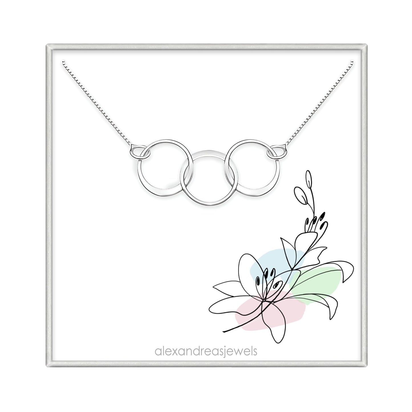 Sterling Silver Three Ring Necklace, 3 Interlocking Rings Necklace, Sisters Necklace, Mother Daughter Granddaughter Necklace, 30th Birthday Necklace, Anniversary Gift, Three Circle Necklace