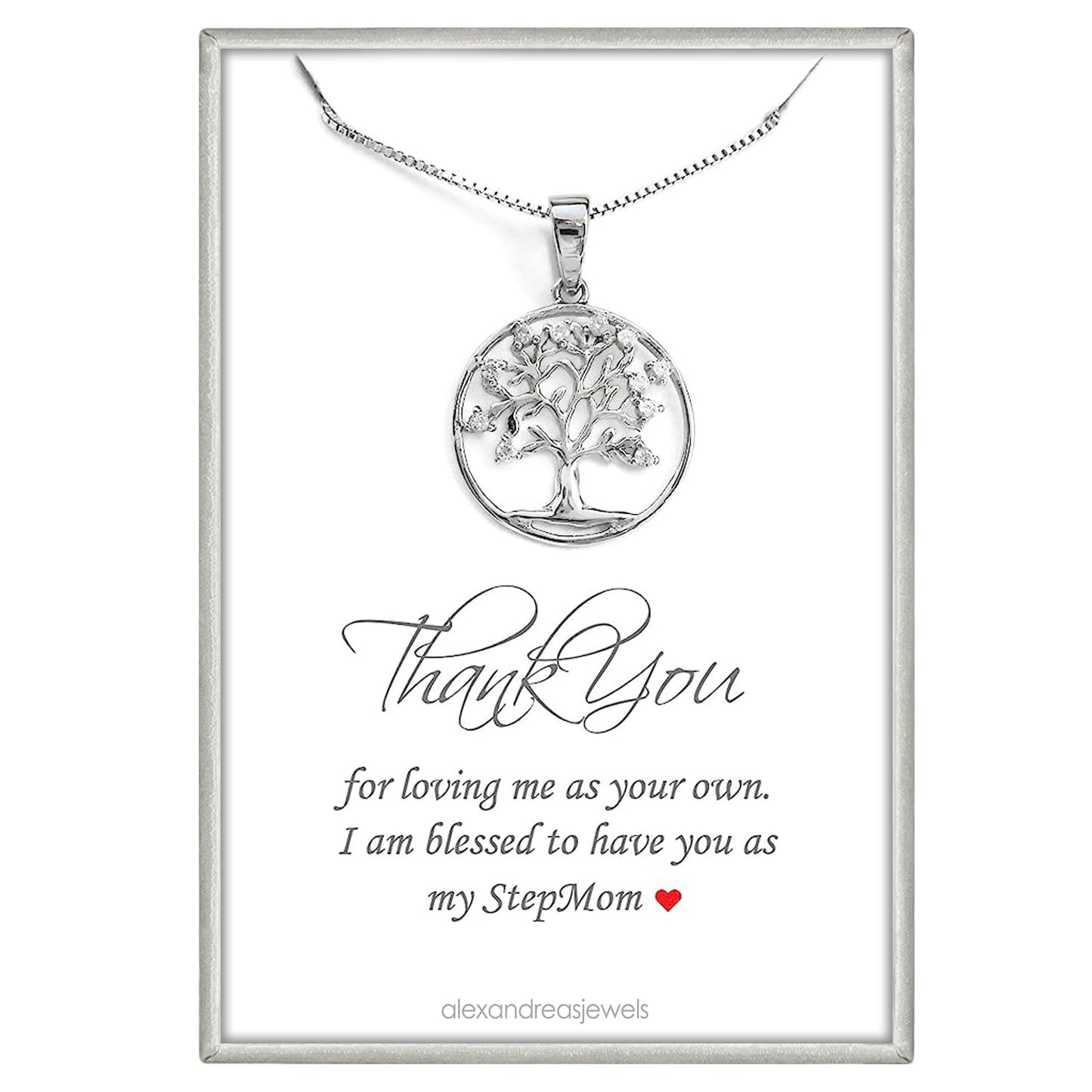 Alexandreasjewels Sterling Silver Tree of Life Necklace with Cubic Zirconia - Perfect Stepmom Appreciation Gift for Birthday, Mother's Day, Christmas Thank You Present from Stepdaughter or Stepson