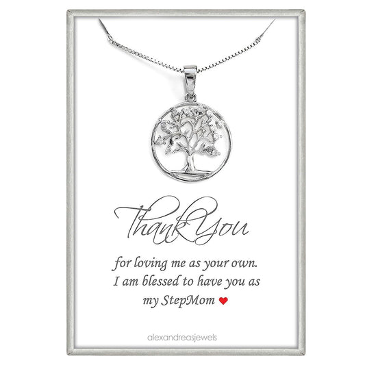 Alexandreasjewels Sterling Silver Tree of Life Necklace with Cubic Zirconia - Perfect Stepmom Appreciation Gift for Birthday, Mother's Day, Christmas Thank You Present from Stepdaughter or Stepson