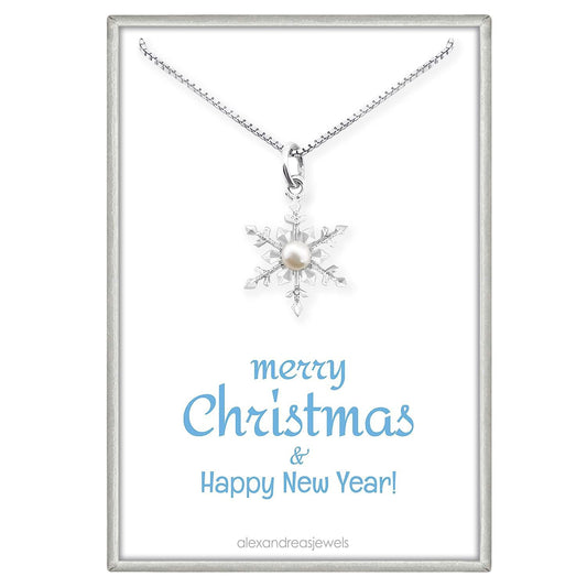 Sterling Silver Snowflake Necklace with Freshwater Pearl for Women, Christmas Gift Necklace for Friends, Coworkers and Loved Ones,