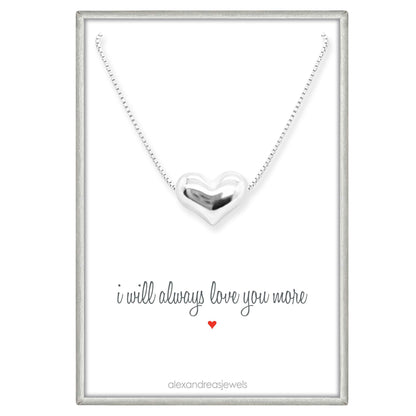 Sterling Silver Floating Heart Necklace with 'I Will Always Love You More' Card - Heart Necklace Gift for Birthdays, Valentine's, Mother's Day, Christmas, Anniversary