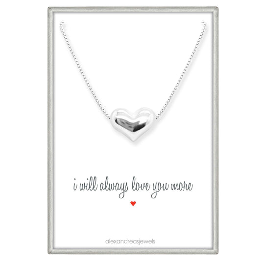 Sterling Silver Floating Heart Necklace with 'I Will Always Love You More' Card - Heart Necklace Gift for Birthdays, Valentine's, Mother's Day, Christmas, Anniversary