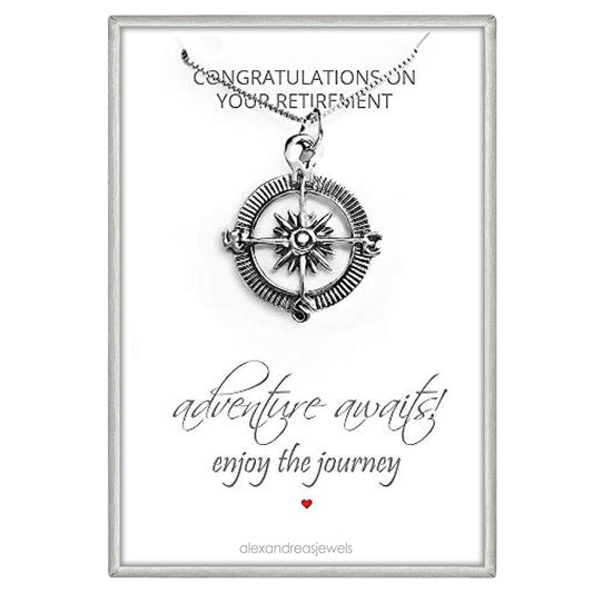 Sterling Silver Compass Necklace for Women, Retirement Gift Necklace, Adventure Awaits Enjoy the Journey, Co-Worker Gift