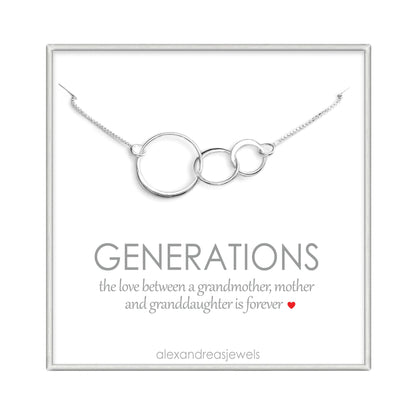 Generations Necklace, Sterling Silver Three Interlocking Circles Necklace, Mothers Day Gift for Grandmother, Birthday Gift Necklace for Grandma