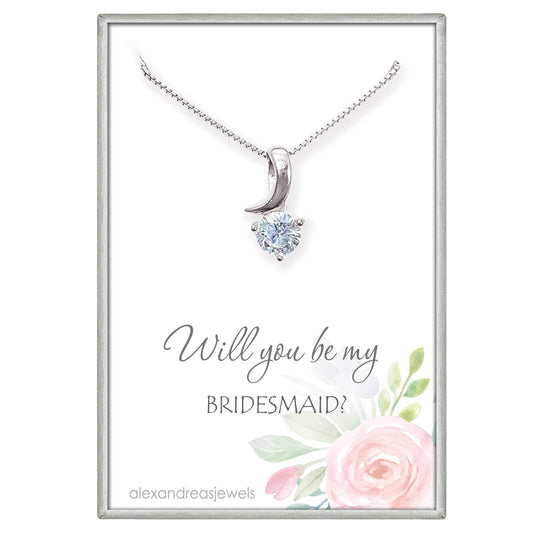 925 Sterling Silver Crystal Necklace, Bridesmaid Gift Necklace, Bridesmaid Proposal Bridal Party Jewelry, Matron of Honor Maid of Honor Gift, Wedding Party Necklace (Will you be my bridesmaid)