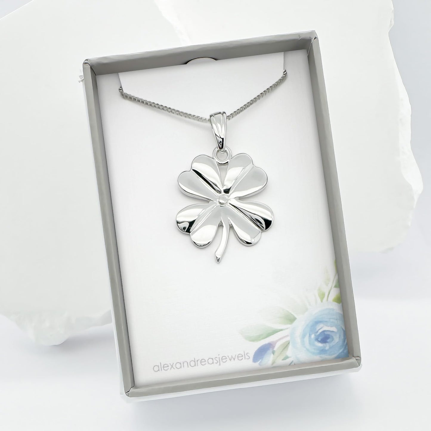 Large Sterling Silver Four Leaf Clover Pendant Necklace, St. Patrick's Day Gift Necklace, Clover Leaf Necklace, Shamrock Irish Good Luck Necklace