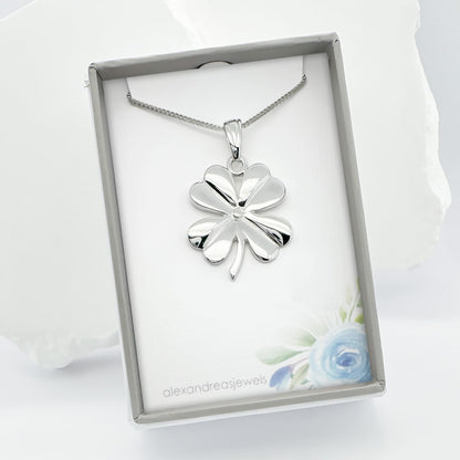 Large Sterling Silver Four Leaf Clover Pendant Necklace, St. Patrick's Day Gift Necklace, Clover Leaf Necklace, Shamrock Irish Good Luck Necklace