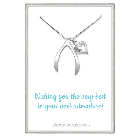 Sterling Silver Wishbone Necklace with Puffed Heart Charm, Best Wishes Necklace, Graduation Gift Necklace, Daughter Graduation Gift, Retirement Gift Necklace for Coworker