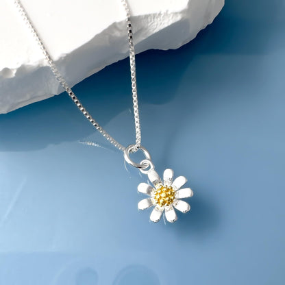 Tiny and Dainty Sterling Silver Daisy Necklace for Women and Teen Girls, Two Tone Flower Pendant Charm Necklace, Silver Flower Necklace for Wedding