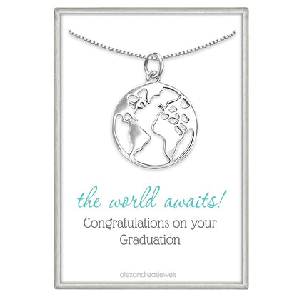 Sterling Silver World Map Necklace for Women, Graduation Gift Necklace, Gift for the Graduate