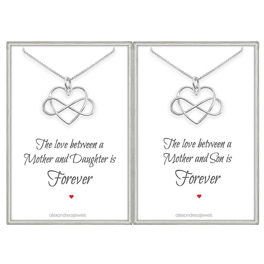 Set of 2 Sterling Silver Infinity Heart Necklaces, The Love Between Mother and Daughter, Mother and Son Necklace