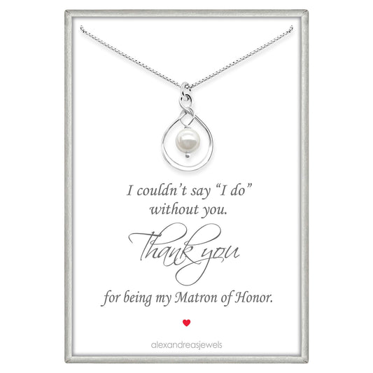 925 Sterling Silver Infinity Necklace with White Crystal Pearl - Elegant Bridal Party Gift with Thank You Card - Adjustable Chain, Wedding Jewelry, White Pearl Necklace (Matron of Honor)