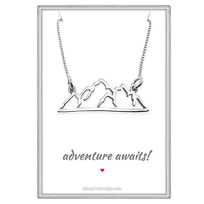 Sterling Silver Mountain Necklace, Adventure Awaits, Travel Necklace, Retirement Gift Necklace