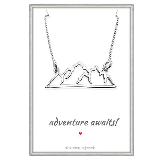 Sterling Silver Mountain Necklace, Adventure Awaits, Travel Necklace, Retirement Gift Necklace