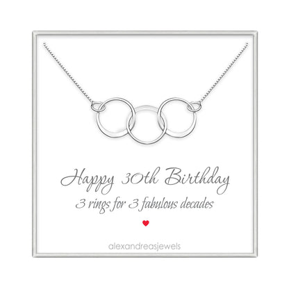 30th Sterling Silver Interlocking Circles Birthday Gift Necklace for Women