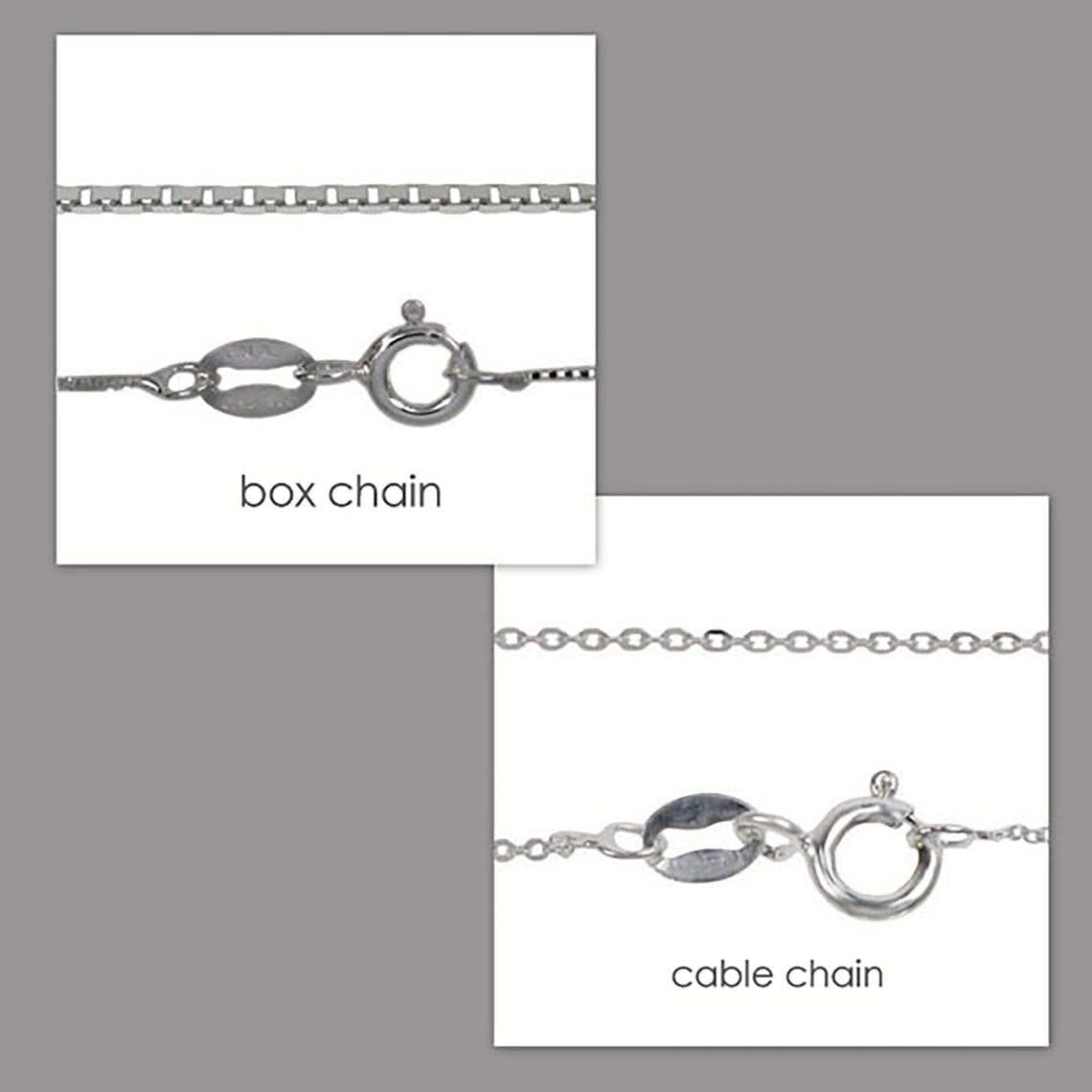 two different types of silver necklace chains: a box chain and a cable chain.