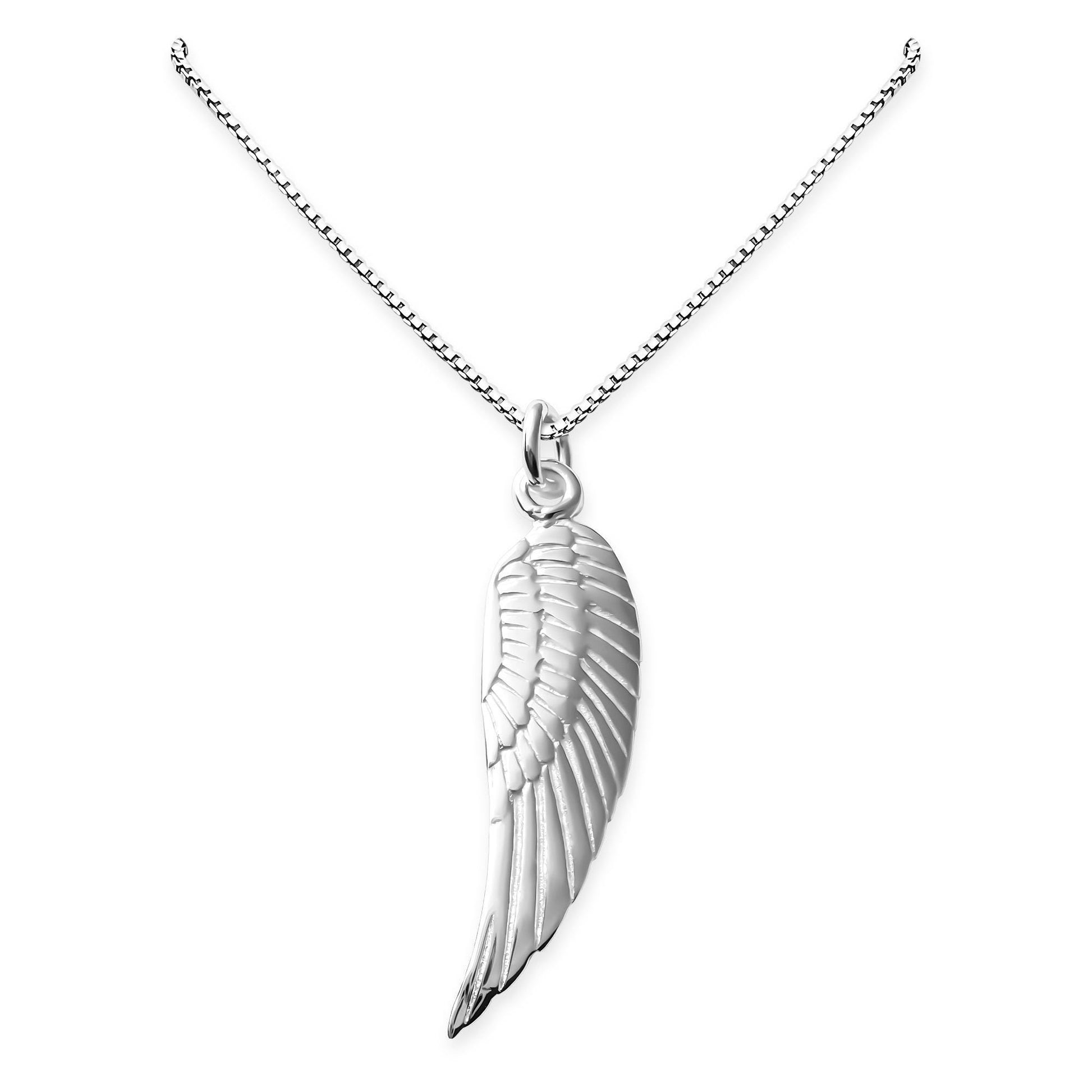 A silver-colored necklace with a pendant in the shape of a wing.