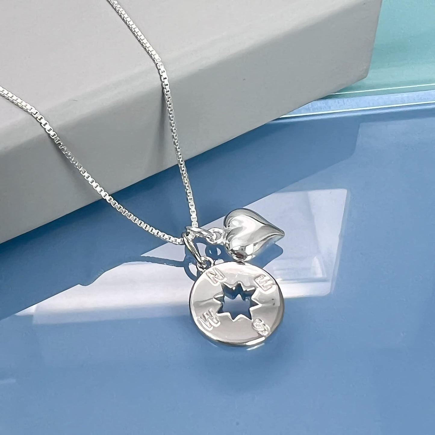 Compass Necklace for Women, Sterling Silver Compass Pendant wit Puffed Heart Charm Necklace, I'd be Lost Without You, Girlfriend Gift Necklace, Wife Anniversary Gift