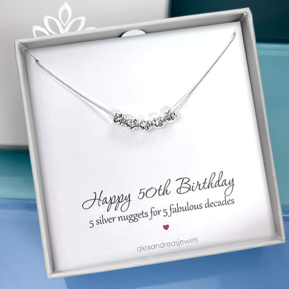 50th Birthday Gift for Women, Sterling Silver 5 Silver Nuggets Necklace, Mom Birthday Gift, Best Friend 50th Birthday Gift Necklace