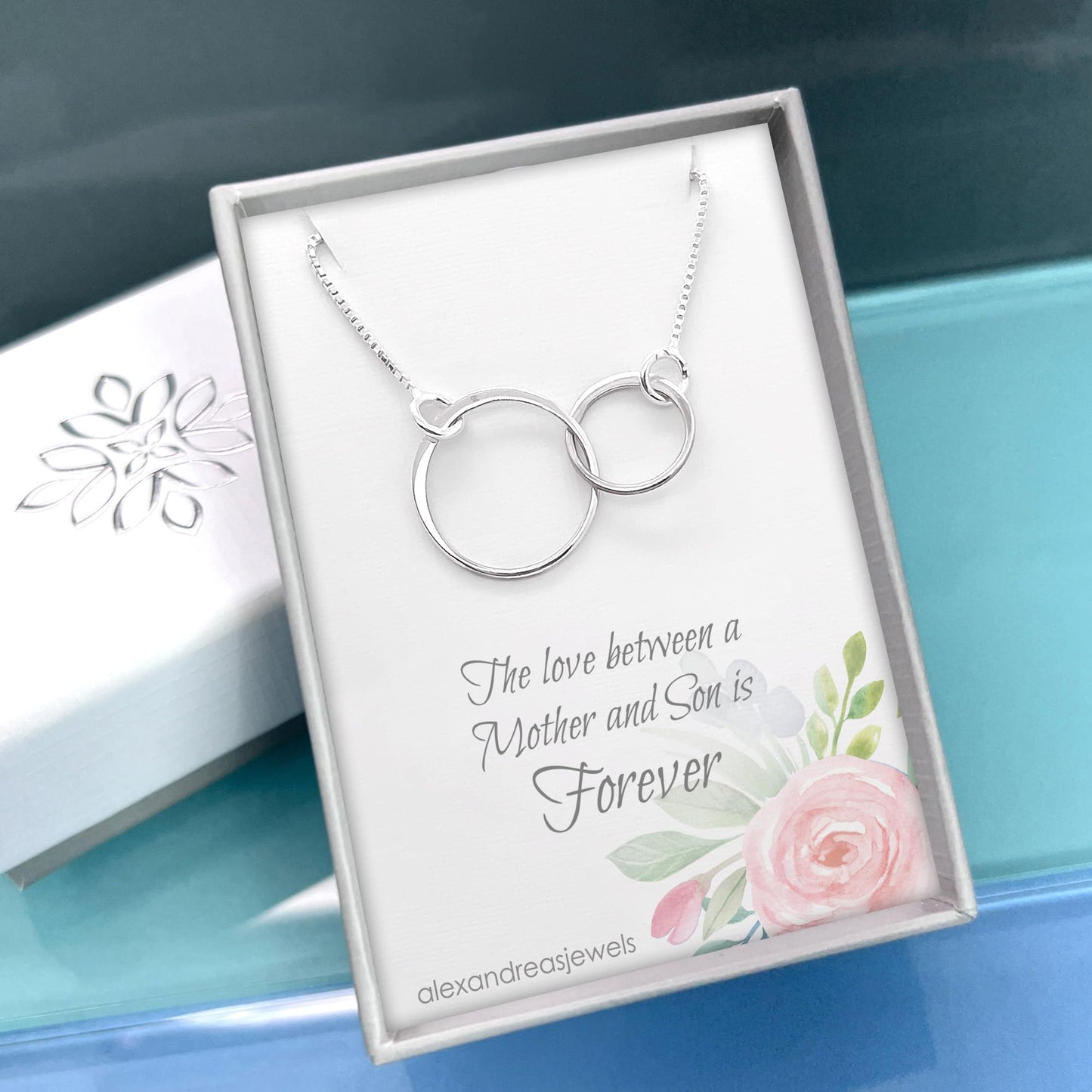 Double Ring Necklace, 925 Sterling Silver Two Interlocking Circles, Mother Daughter Best Friend Birthday, Mother's Day, Valentine's Day, Christmas Present (mother and son - silver)