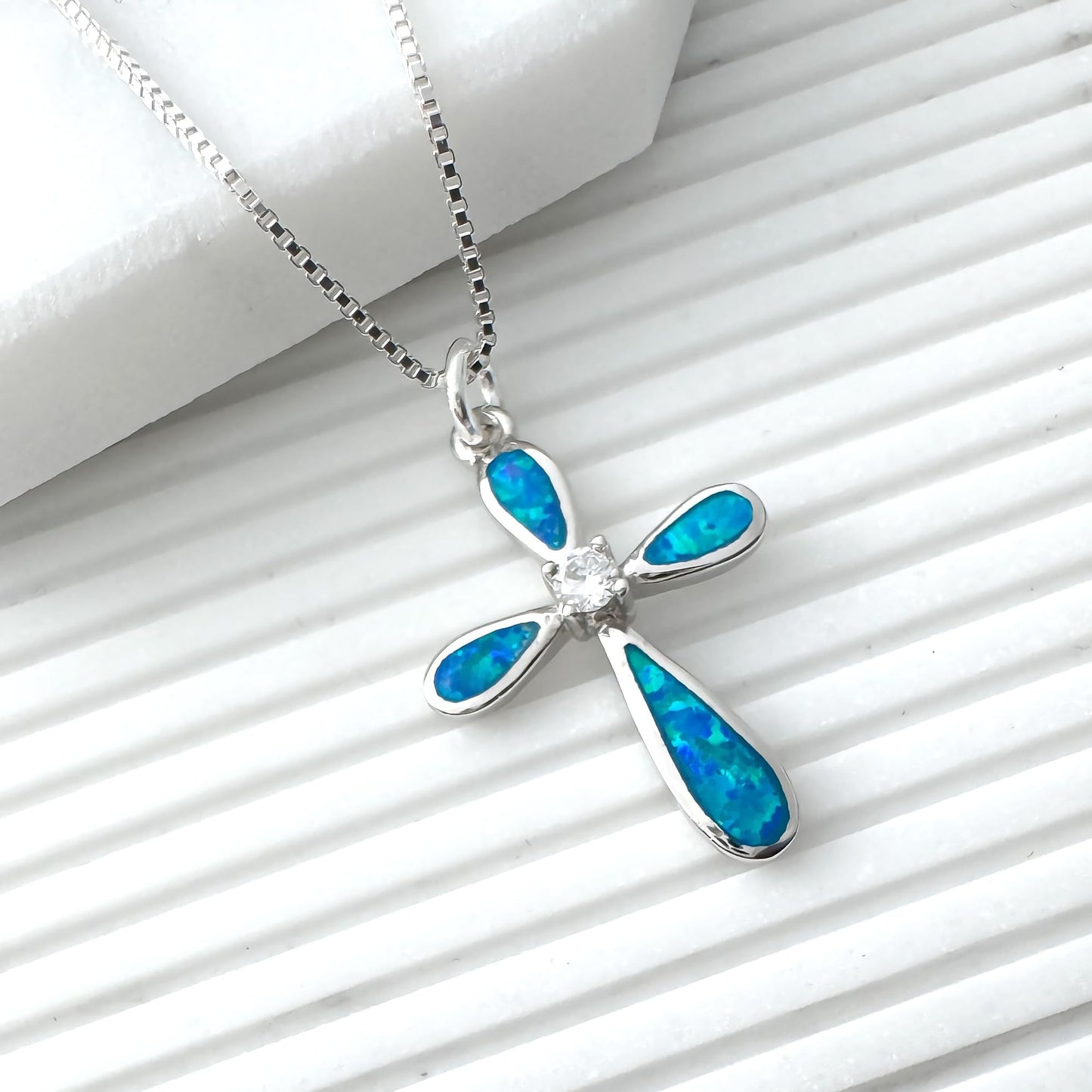 Sterling Silver Cross Necklace for Women, Sterling Silver Cross Pendant Necklace with Lab Created Blue Opal Inlay, Religious Jewelry Gift, Faith Necklace