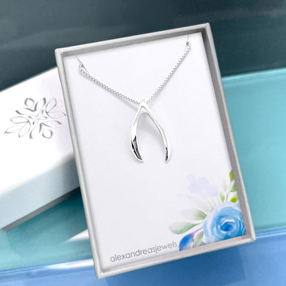 Wishbone Necklace for Women, High Polish Sterling Silver Wish Bone Necklace, Good Luck Necklace, Lucky Charm Jewelry, Best Wishes Birthday Gift