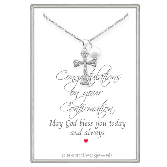 Sterling Silver Cross Necklace for Girls, Confirmation Gift Necklace for Godchild from Godmother, Silver Cross Necklace with Crystal Pearl