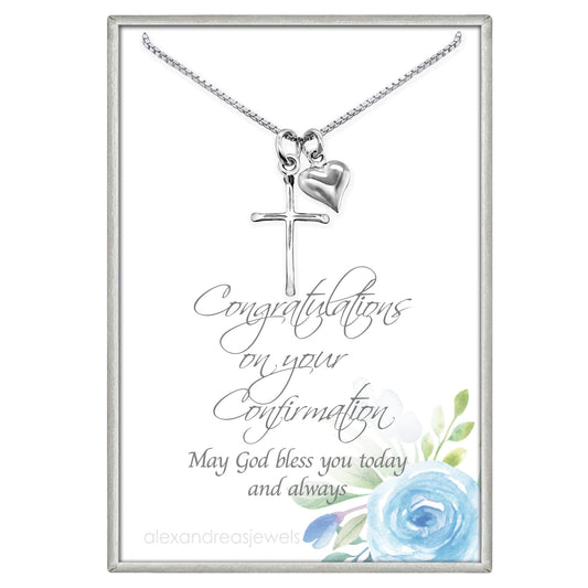 Sterling Silver Cross Necklace for Girls, Cross Necklace with Puffed Heart Charm, Confirmation Gift Necklace for Daughter, Granddaughter Gift Necklace