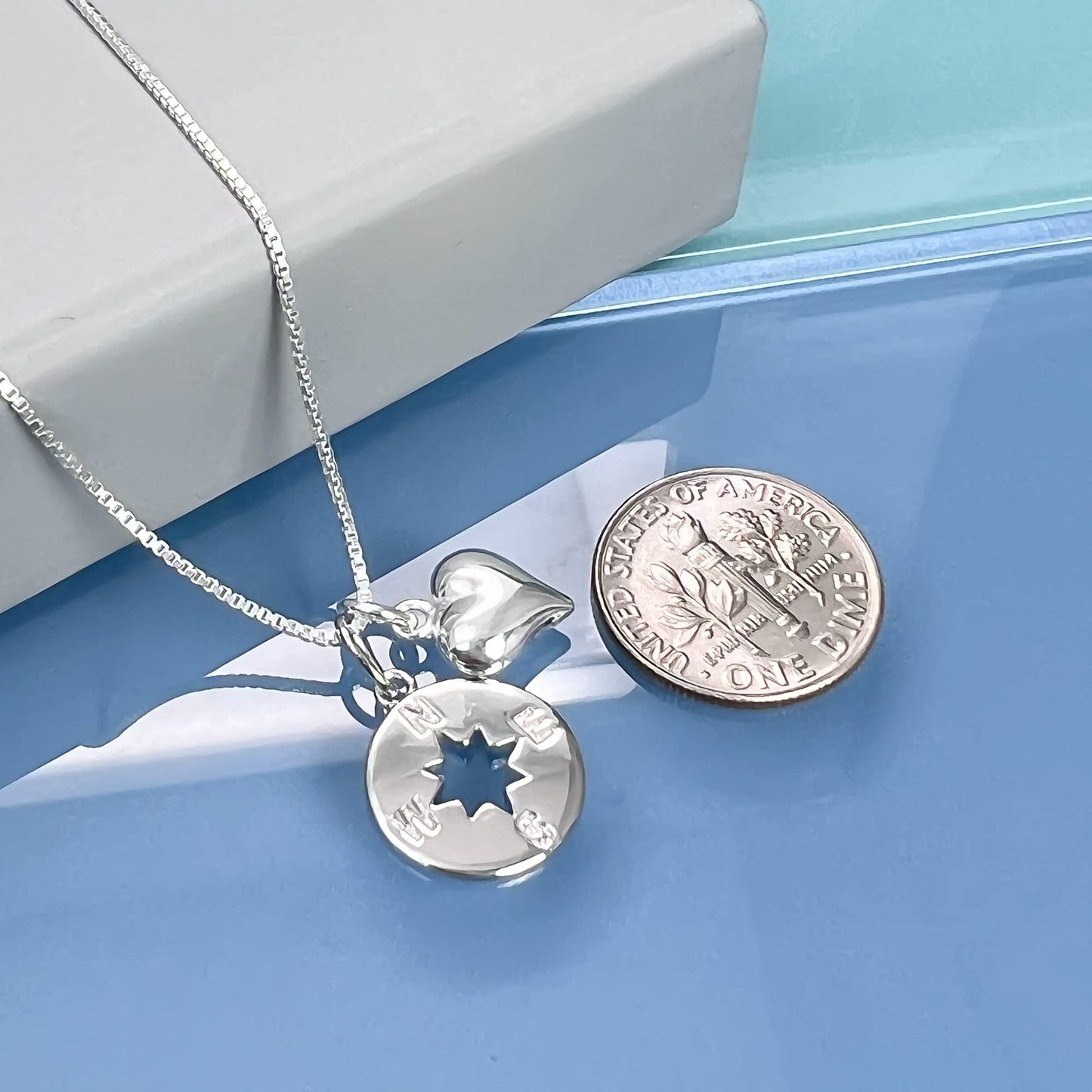 Compass Necklace for Women, Sterling Silver Compass Pendant wit Puffed Heart Charm Necklace, I'd be Lost Without You, Girlfriend Gift Necklace, Wife Anniversary Gift