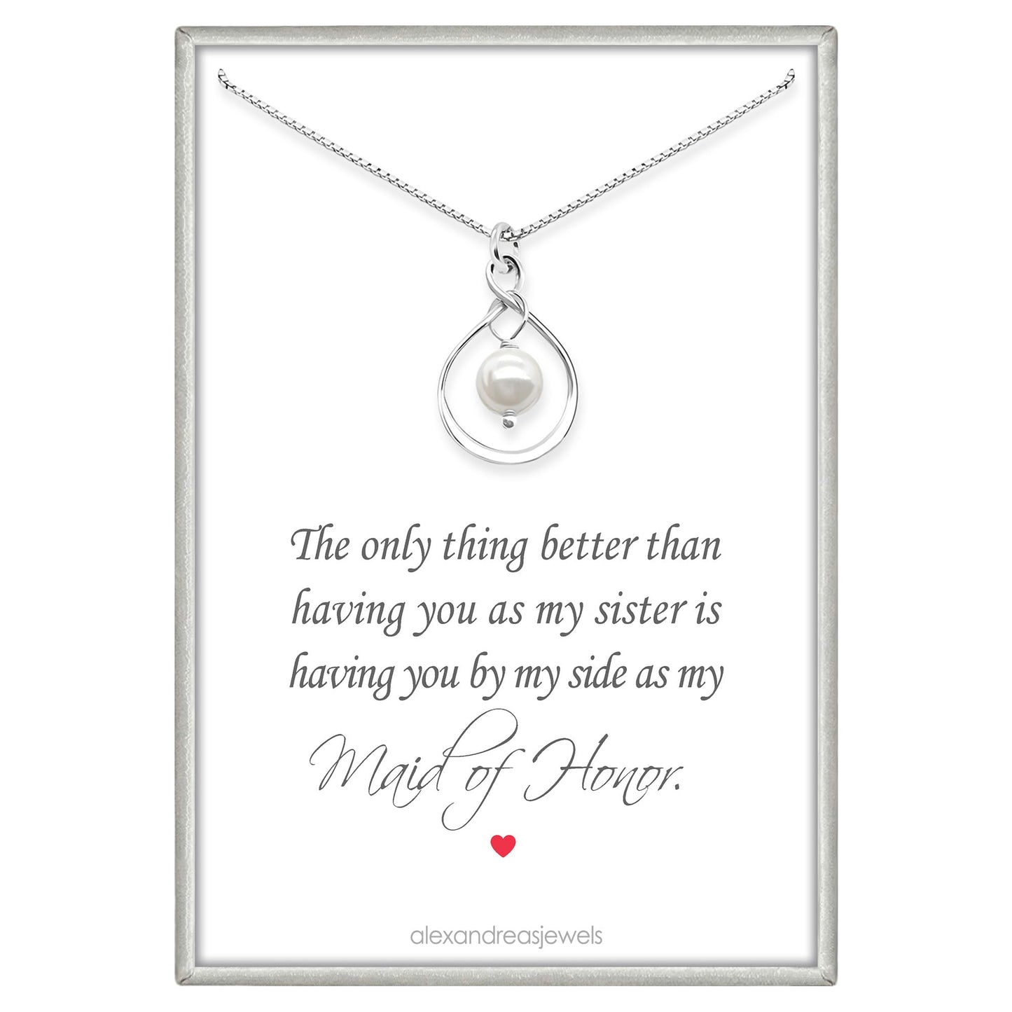 925 Sterling Silver Infinity Necklace with White Crystal Pearl - Elegant Bridal Party Gift with Thank You Card - Adjustable Chain, Wedding Jewelry, White Pearl Necklace (Sister - Maid of Honor)