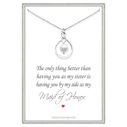 925 Sterling Silver Infinity Necklace with White Crystal Pearl - Elegant Bridal Party Gift with Thank You Card - Adjustable Chain, Wedding Jewelry, White Pearl Necklace (Sister - Maid of Honor)