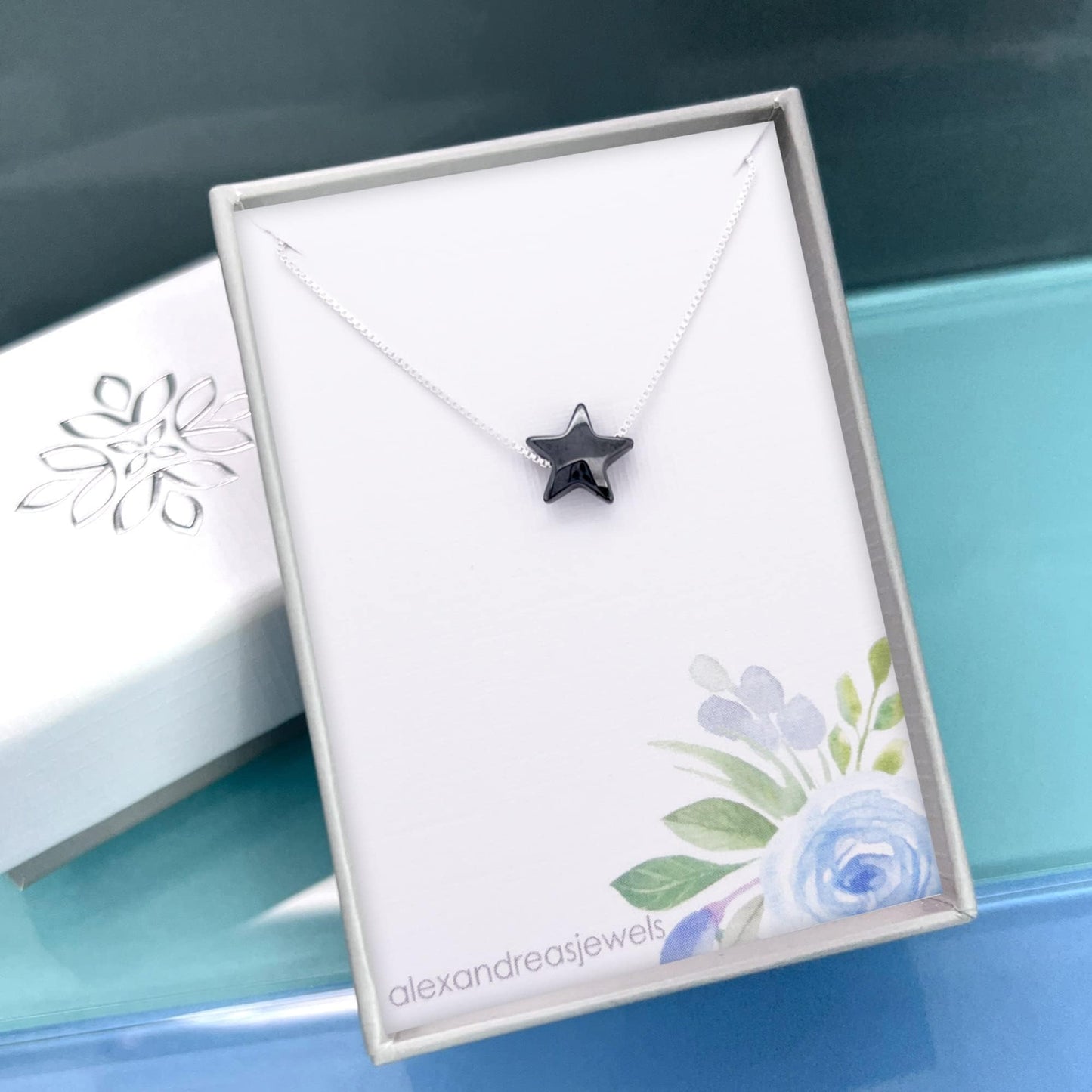 Black Star Necklace, Delicate and Dainty Sterling Silver Black Magnetic Hematite Floating Star Necklace Necklace, Black Star Choker Layering Necklace